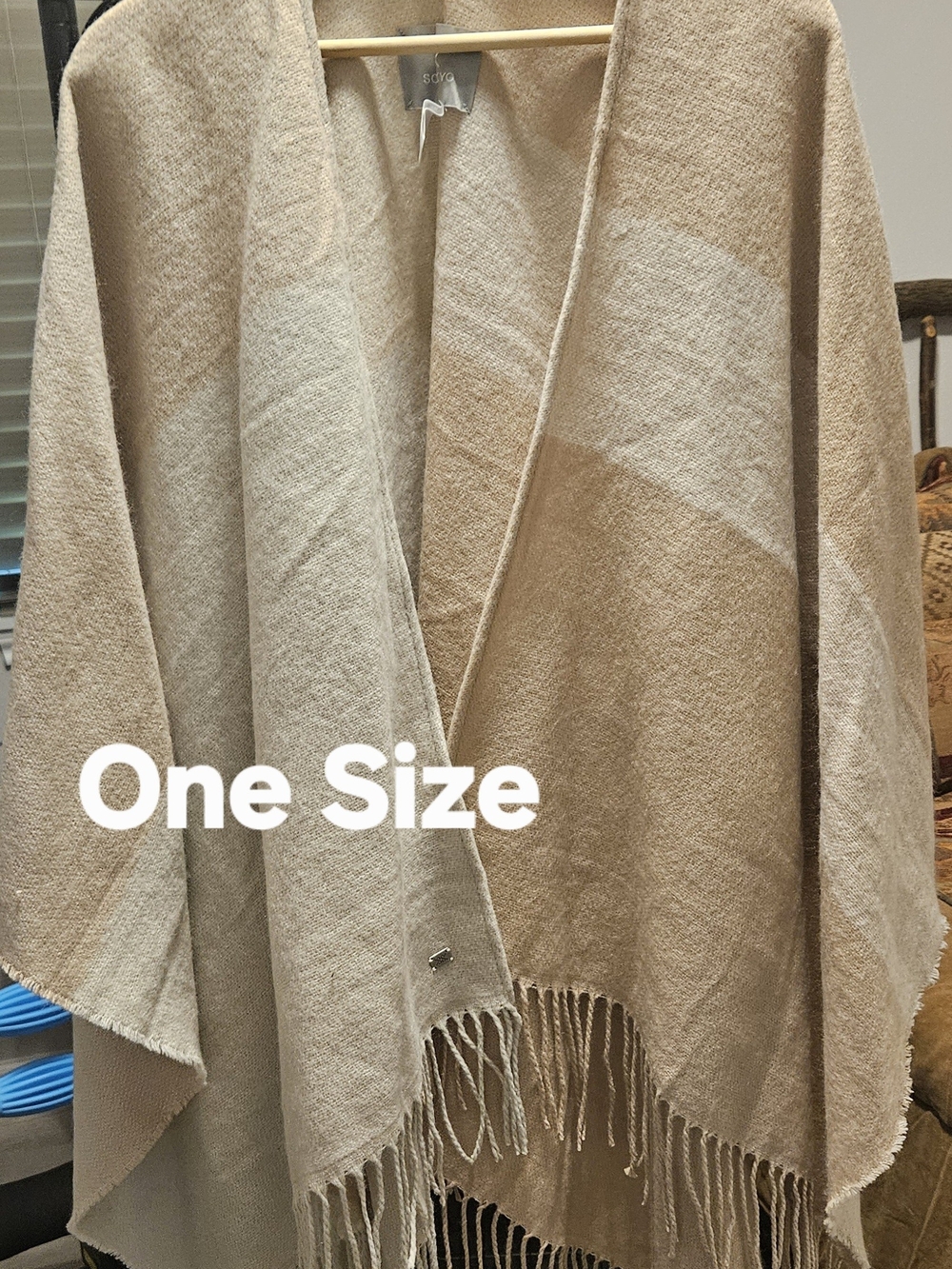 Beige Two-Tone Fringe Poncho